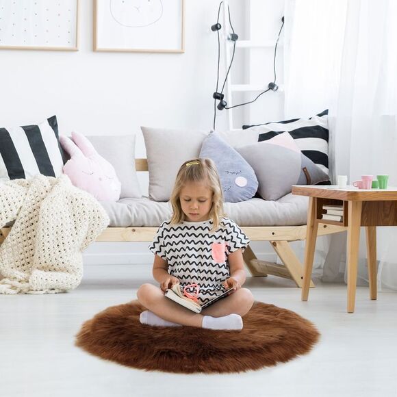Faux Fur Round Rug Fluffy Area Rugs for Bedroom 3 x 3 Feet Brown - Picture 4 of 6